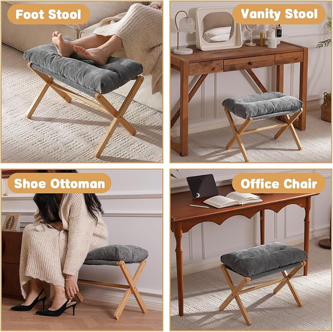 Baveke Folding Upholstered Footrest Stool, Small Accent Ottoman with Thick Cotton Cushion & Bamboo X Legs, Modern Padded Sofa Stool for Makeup Bedroom Living Room, Grey