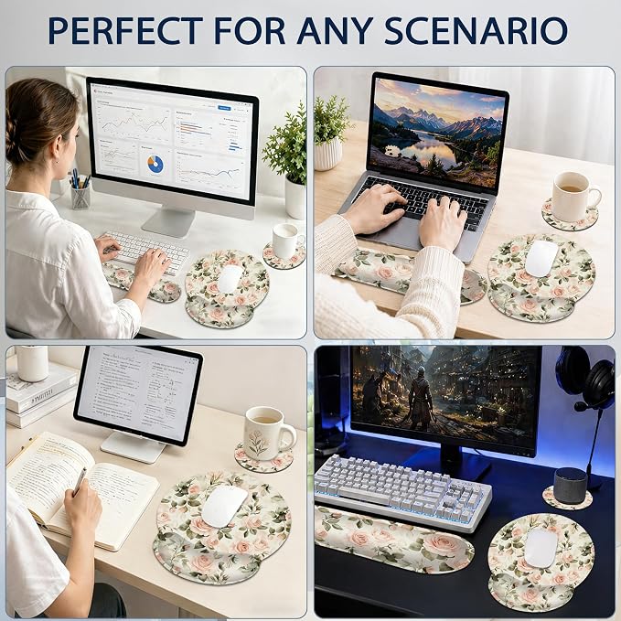 Pink Roses Keyboard Wrist Rest Pad Ergonomic Mouse Pad Set,Vintage 3 in 1 Memory Foam Mouse Pad with Non Slip Base for Office and Home