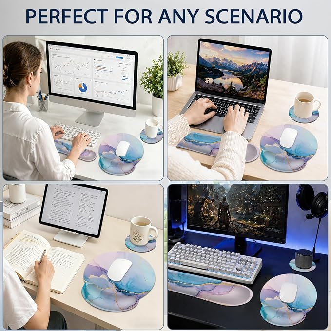 Pink Marble Wrist Rest Support for Mouse Pad Keyboard Set, Blue Gold Flowing Marble Mouse Pad with Non Slip Rubber Base for Home and Office Typing Support