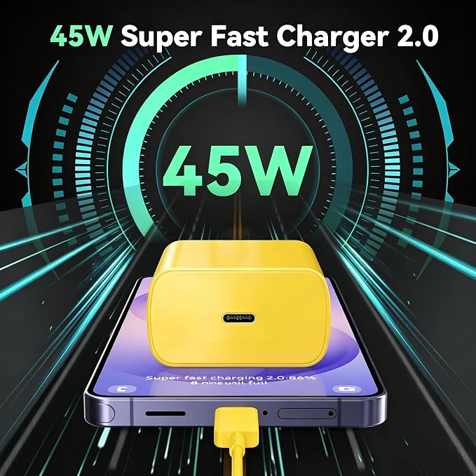 45W Super Fast Charger USB C Android Phone Type C Charger Fast Charging Block with 6.6FT Cord for Samsung Galaxy S26/S26 Ultra/S26+/S25 Ultra/S25/S24 Ultra/S24/S23 Ultra/S22/S21/S20/Note 10, Yellow