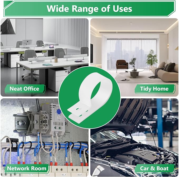 Cable Clips for Cable Management Cord Organizer, 6 Sizes 290 PCS Nylon R-Type, 3/16'' 1/4'' 3/8'' 1/2'' 3/4'' 1'' White Plastic Screw Mounting Cord Fastener Clamp Assortment Kit with M4 Screws