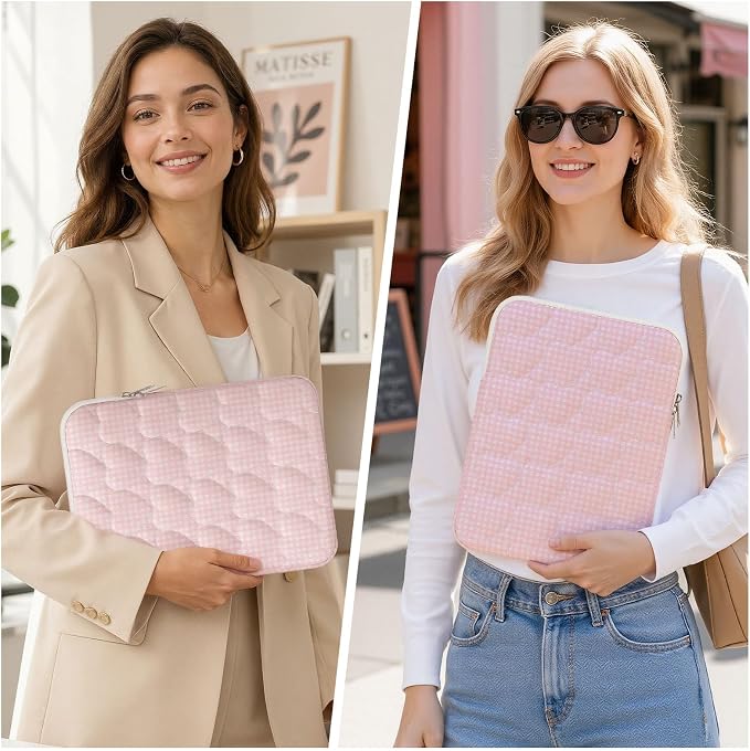 11-12 inch Cotton Quilted Laptop Sleeve for Women, Aesthetic Puffy Laptop Case Carrying Bag Compatible with MacBook Air 11.6“/iPad, Soft Computer Liner Bag (Pink Gingham, 11.6 inch)