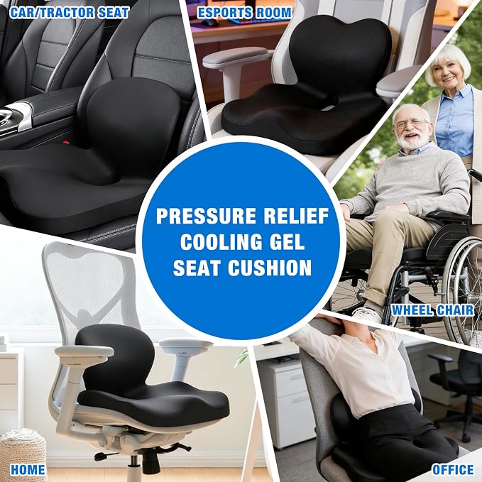 Seat Cushion with Back Support,Cooling Gel & Memory Foam Lumbar Support Pillow for Office Chair,Ergonomic Office Chair Cushions for Sciatica Pain Relief,Gel Seat Cushions for Car,Office,Desk