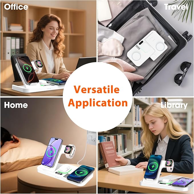 Dual Phone Magnetic Wireless Charging Station for Apple Devices/Apple Ecosystem, 7-Color Auto Light & 12H Clock, Multi-Device Charger for iPhone 17/16/15, for iWatch 11/10/9 & AirPods Pro3(White