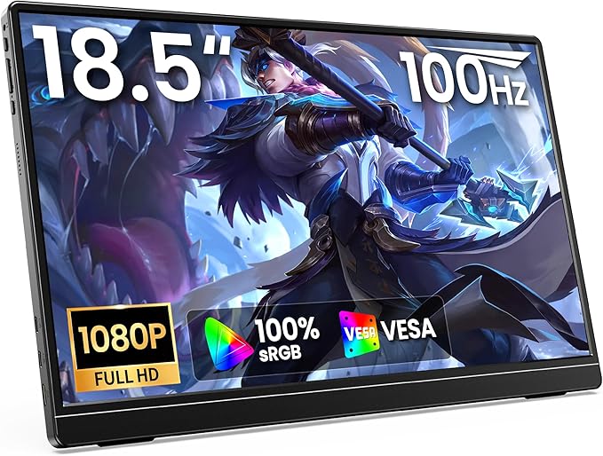 ForHelp 18.5 Inch 100Hz Portable Display, 1920x1080 16:9 FHD Monitor with Built-in Stand and Speakers, Compatible with Laptop, Mobile Phone and Game Consoles