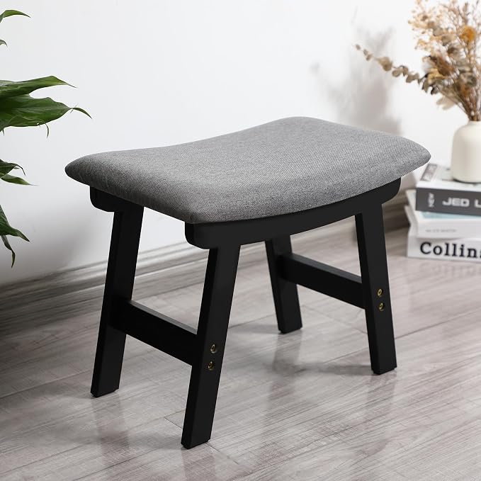 BAMBOO LAND- Bamboo Foot Stools Ottoman, Gray Cushion & Black Wood Legs, Small Ottoman Foot Rest for Couch