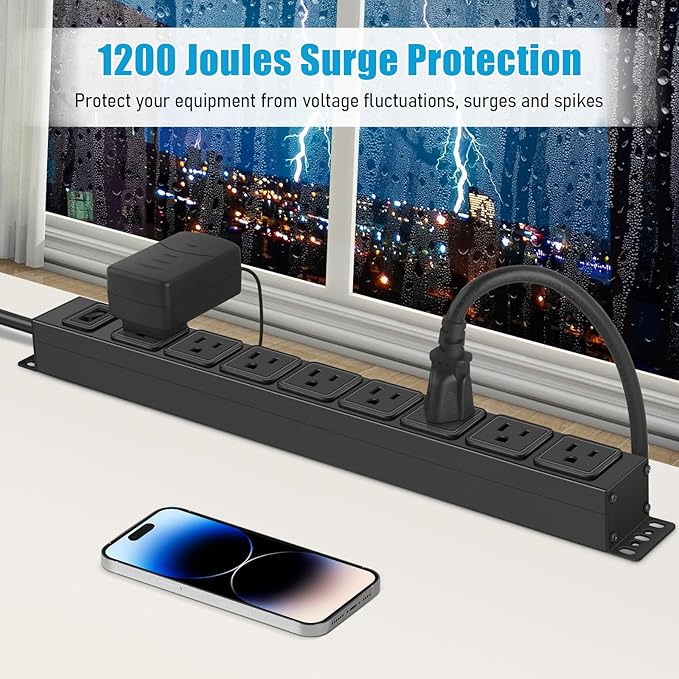 HHSOET 2 Pack Magnetic Mount Power Strip, 8 Outlet Mountable Socket, Metal Heavy Duty Surge Protector, Gaming Table Outlet, Easy to Fix Without Drilling or Taping, 15FT Extension Cord.(Black)