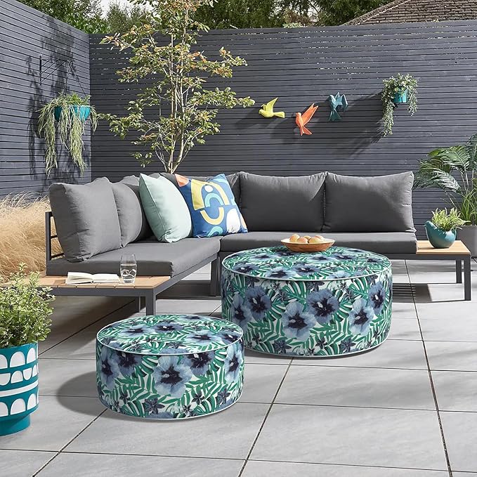 DYTXIII Inflatable Ottoman Stool D31 xH14 for Outdoor/Indoor Use, Water Repellent Patio Foot Rest with Portable Handle,Round Pouf Ottoman Suitable for Garden,Deck and Camping - Blue Salmone Tropical