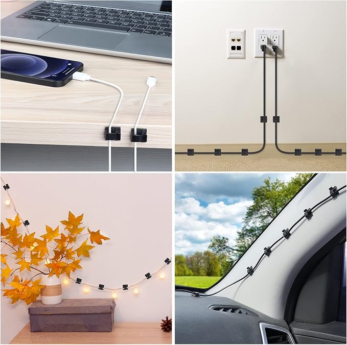 100 PCS Adhesive Cable Clips Black (Small & Large), Upgraded Wire Holder for Wall Cord Organizer Cable Management Under Desk, Outdoor Light Clips Hooks for LED, Car Dash Cam, HDMI, Extension Cord