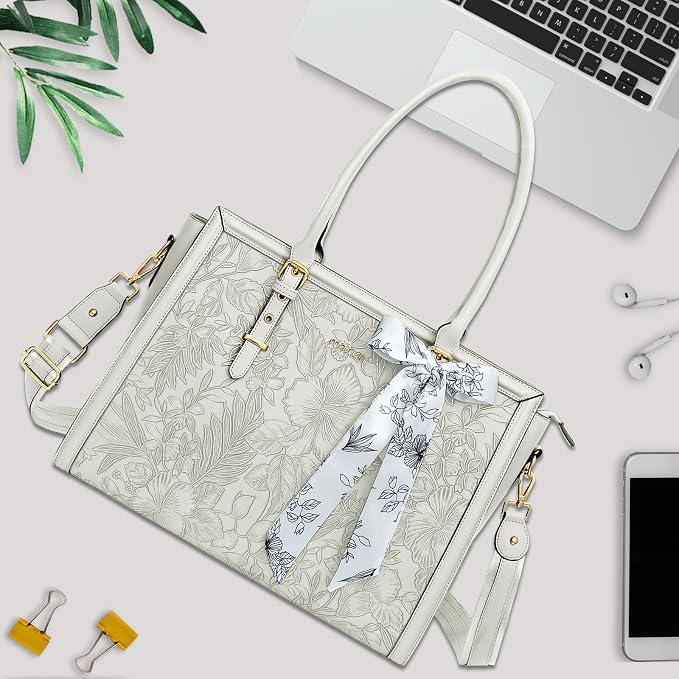 MOSISO Laptop Bag for Women, 15.6-16 inch PU Leather Tote Bag Compatible with MacBook, HP, Dell, Asus Notebook, Front Embossed Retro Hibiscus Computer Bags with Silk Scarf&Clutch Purse, Beige
