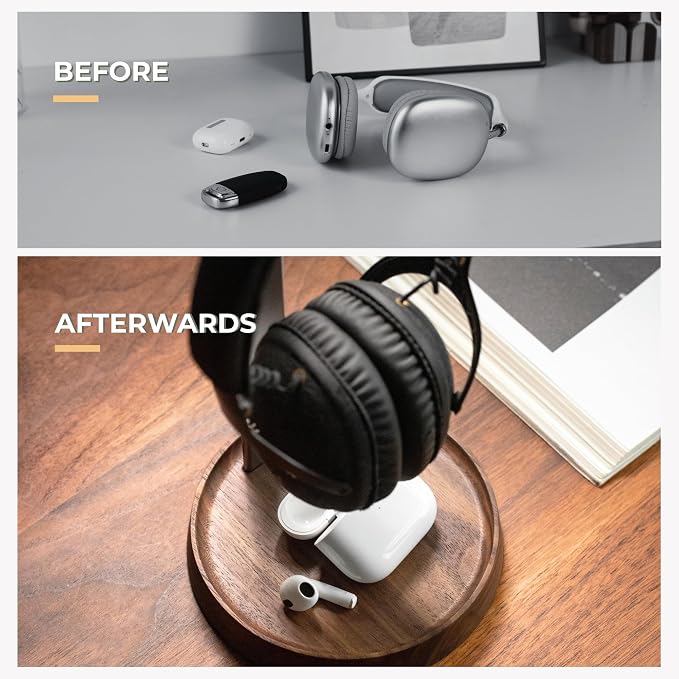 muso wood Walnut Headphone Stand, Universal Headset Stand with Storage Base, Wood Desktop Headphone Holder for Gaming Headset and Music Headset