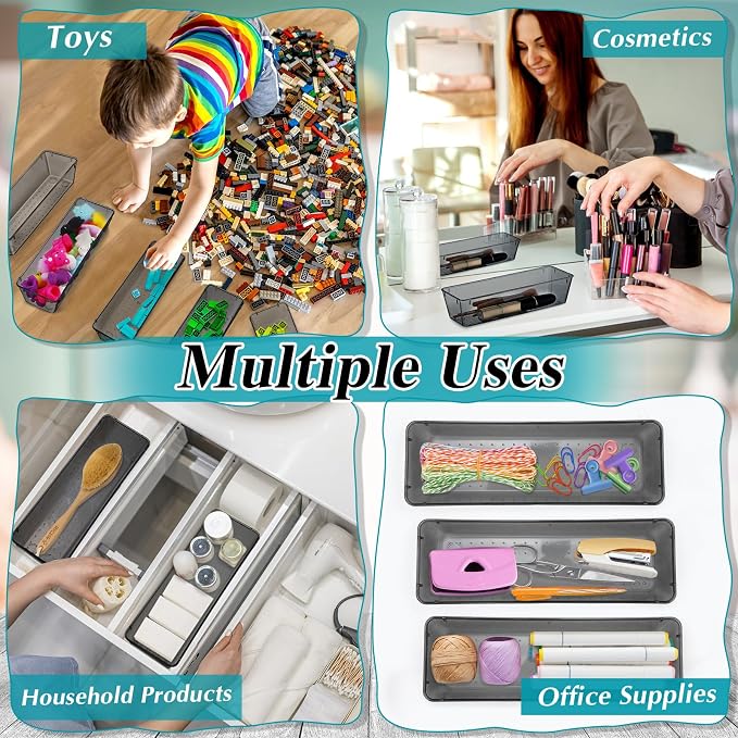 Maitys 12 Pcs Clear Drawer Organizer 9 x 3 x 2 Inches Plastic Rectangle Trays Makeup Vanity Storage Bins and Kitchen Drawers Dividers for Office Desk Silverware Kitchen Utensils(Black)