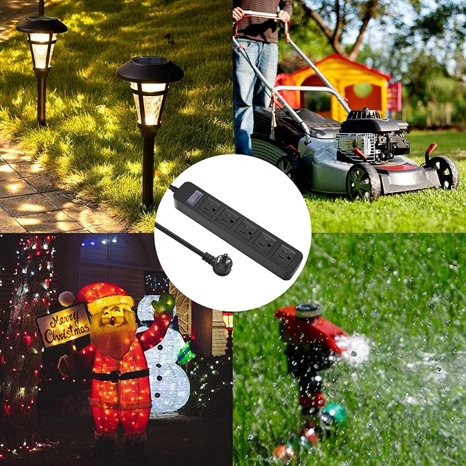 Outdoor Power Strip Waterproof with 5 Outlets, Garden Weatherproof Surge Protector, Christmas Multiple Outlet Exterior Socket for Lighting Appliances. 15FT Extension Cord Strip with Flat Plug. Black