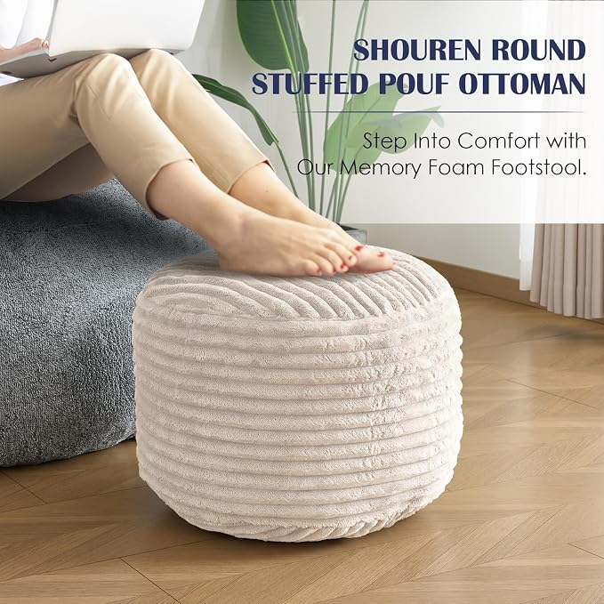 SHOUREN Stuffed Round Ottoman,Corduroy Pouf Ottoman Foot Rest with Foam Filling,Pouf Storage Ottoman Footstool for Living Room,18 X 14 Floor Poufs for Couch - 18 X 14 Inches,Beige