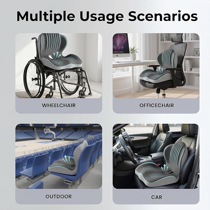 Ergonomic Office Chair Seat Cushion, L-Shaped Memory Foam Coccyx Cushion for Tailbone Pain Relief, Orthopedic Car Seat Cushion with Lumbar Support & Cutout Hollow for Sciatica & Back Pain (Grey