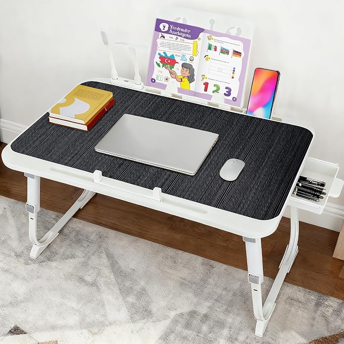 Laptop Desk for Bed, Adjustable Height Laptop Bed Table, Foldable Lap Desk with USB Charge Port, Desktop Card Slot, Side Drawer, Book Shelf, Portable Lap Tray for Eating Reading Working Sofa & Floor