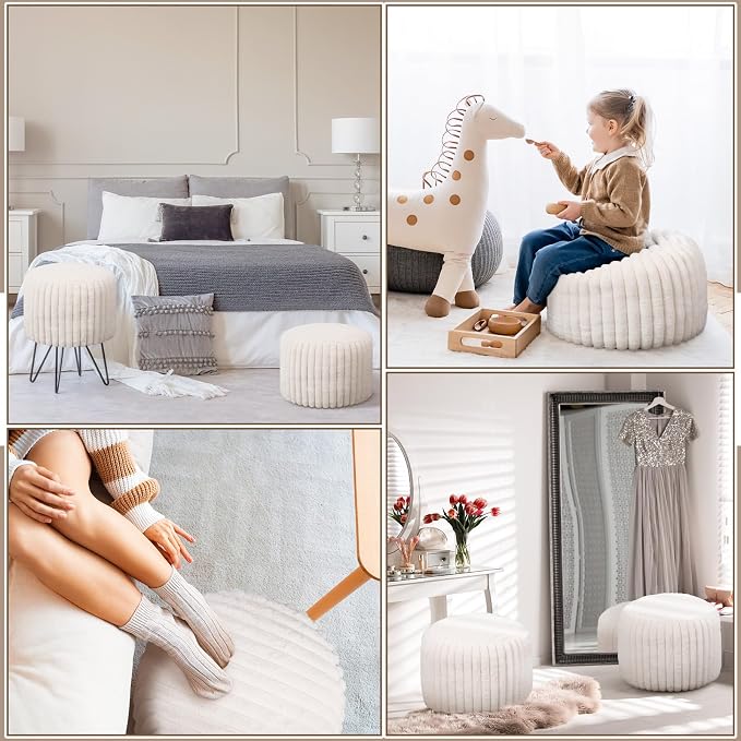 Teenyyou 2 Pcs 20 x 15 Inch Unstuffed Pouf Cover Ottoman Foot Rest - No Filler, Faux Rabbit Fur Foot Stool Floor Bean Bag Floor Chair Storage for Living Room Bedroom Home Decor(Beige)