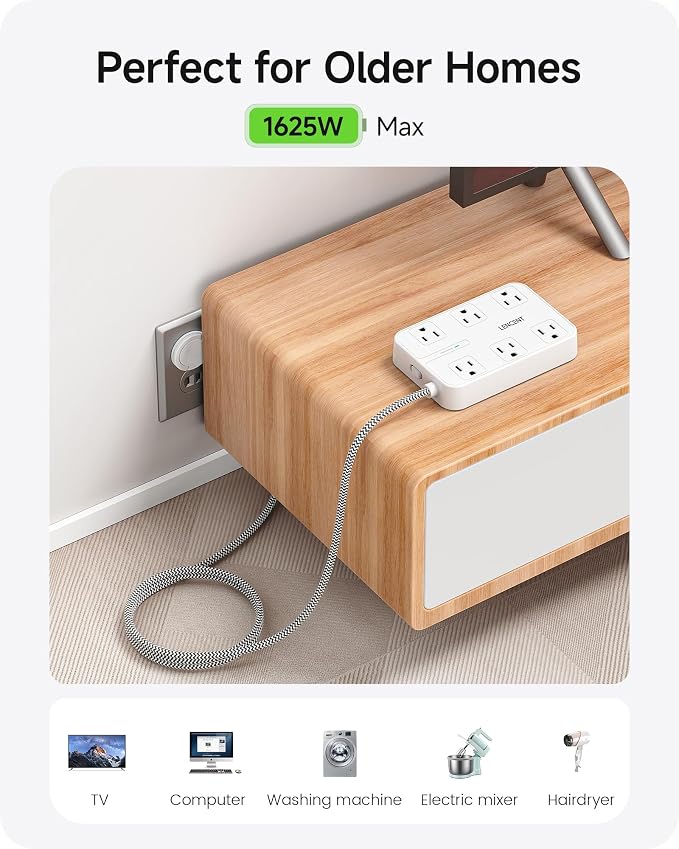 LENCENT 2 Prong Power Strip, 3 to 2 Prong Outlet Adapter, Surge Protector with 10ft Braided Extension Cord with Thin Flat Polarized Plug, 6 AC & 4 USB (1 Type-C), Wall Mount for Non-Grounded Outlet