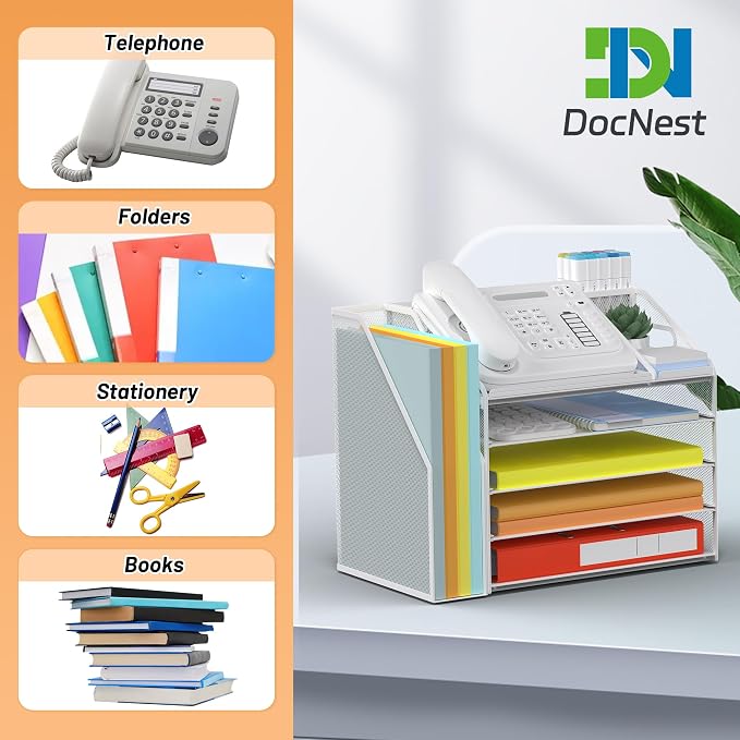 DocNest 5 Tier Paper Letter Tray File Organizer, Mesh Desk File with Handle, Workspace Desk Organizers with Pen Holder, Office Organization Storage Accessories - White