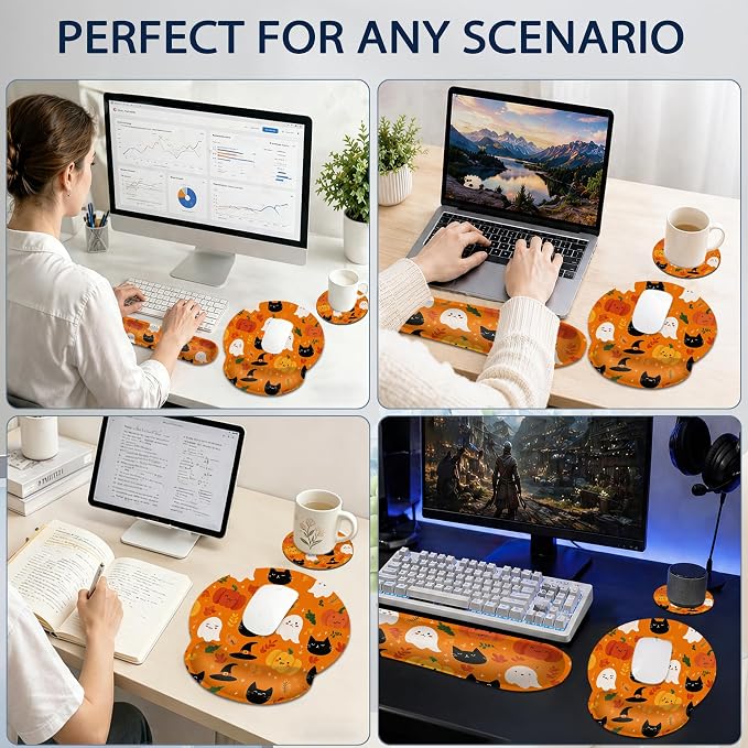 Halloween Wrist Rest Support for Mouse Pad Keyboard Set, Ghosts Pumpkins Black Cats Mouse Pad with Non Slip Rubber Base for Home and Office Typing Support