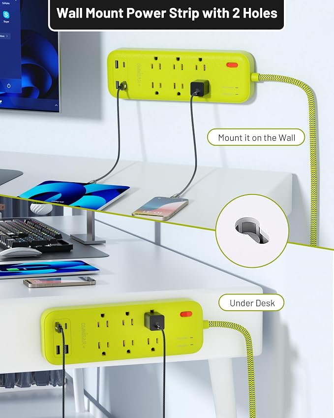 USB Surge Bar 6 Power Strip - 6 Outlets 4 USB Ports(1 USB C), Multi Plug Outlet Extender with 6Ft Braided Extension Cord, 3600 J, Wall Mount, Flat Plug, Desk Charging Station for Office Home