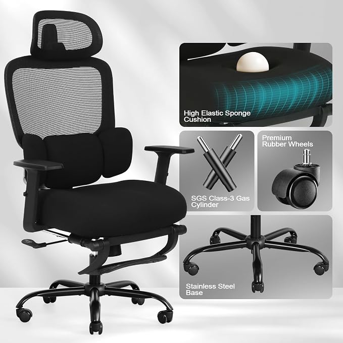Ergonomic Office Chair with Footrest, Mesh Desk Chair with Adjustable Headrest & Armrests & Dynamic Floating Wing Lumbar Support, High Back Computer Chair for Home Office, BIFMA Certified, Black