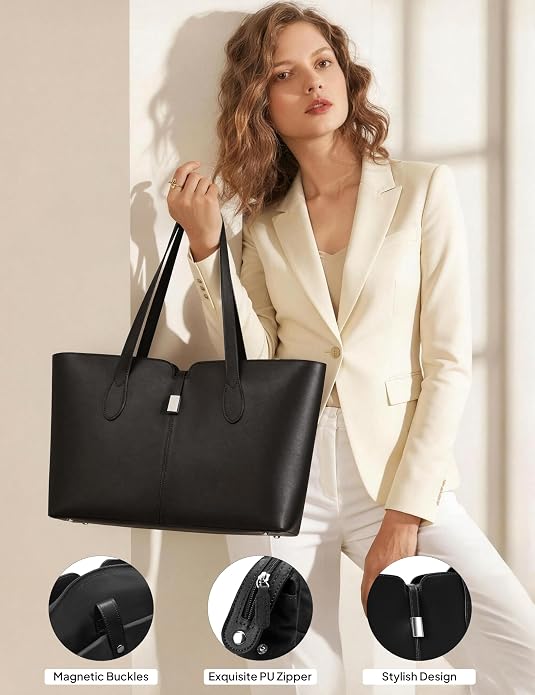 TOPEAST Laptop Tote Bag for Women with Removable Laptop Sleeve Lightweight 15.6" Work Shoulder Bag Leather Computer Handbag