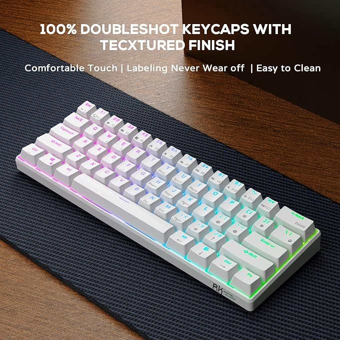 RK ROYAL KLUDGE RK61 60% Mechanical Keyboard with Coiled Cable, 2.4Ghz/Bluetooth/Wired, Bluetooth 61 Keys, Wireless RGB Hot Swappable Brown Switch Gaming Mini Keyboard with Software - White