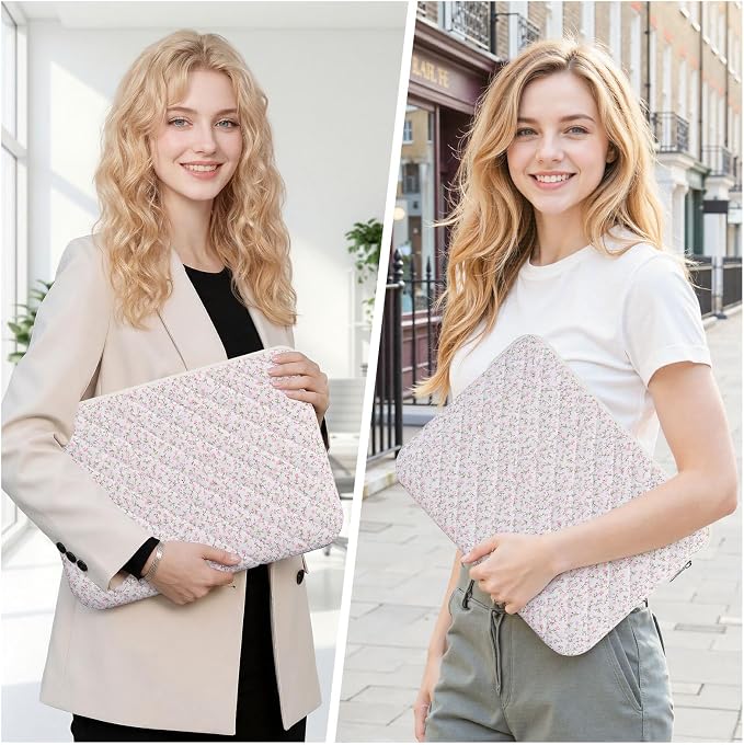 13-14 inch Cotton Quilted Laptop Sleeve for Women, Aesthetic Puffy Laptop Case Carrying Bag Compatible with MacBook Air/Pro 13/Pro 14, Soft Computer Liner Bag (Pink Floral, 13.3 inch)