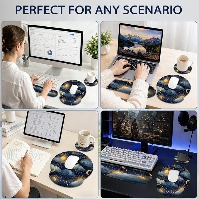 Starry Night Keyboard Wrist Rest Pad Ergonomic Mouse Pad Set,Sun Moon 3 in 1 Memory Foam Mouse Pad with Non Slip Base for Office and Home