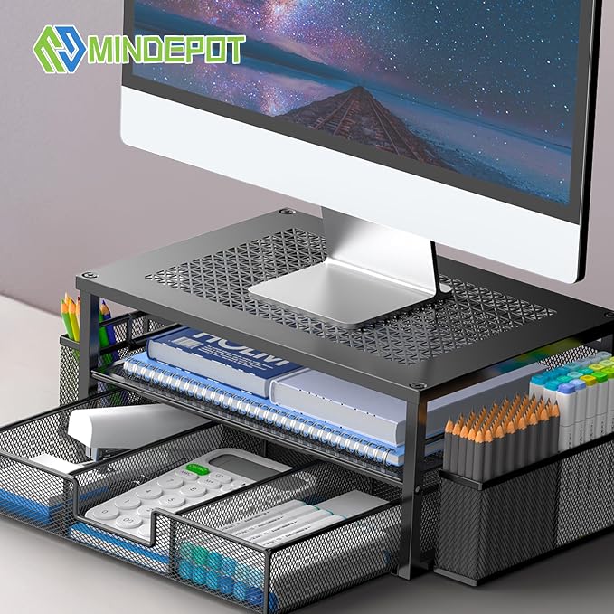 MINDEPOT 2 Tier Computer Monitor Stands with Drawer and 2 Pencil Holder, Metal Monitor Stand, Office Desk Accessories Workspace Desktop Organizers for Office Supplies, Black
