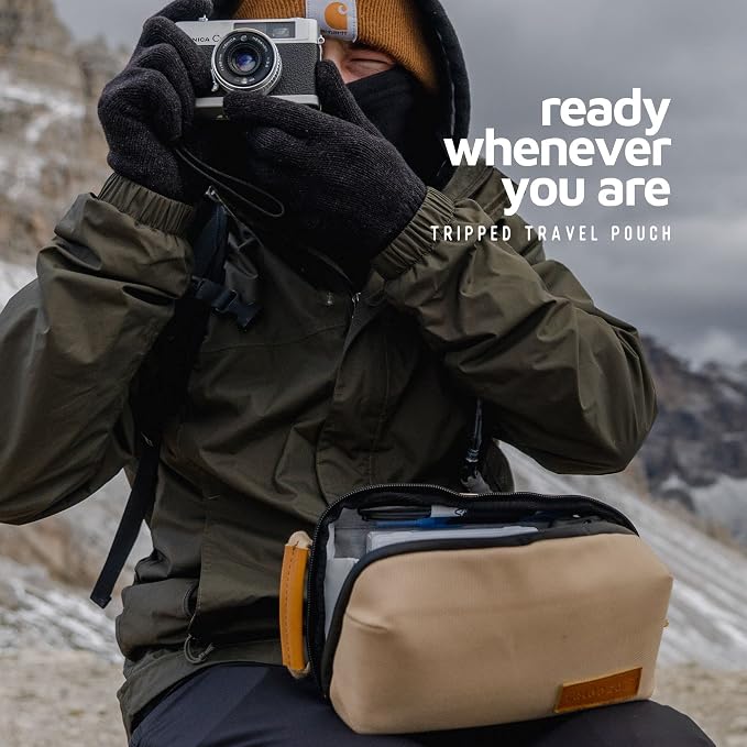Tech Bag Organizer - Small Electronics Organizer Pouch for Travel - Premium Travel Case with Leather Accents - Mesh Pocket for Cables, Cords and Chargers (Tan)