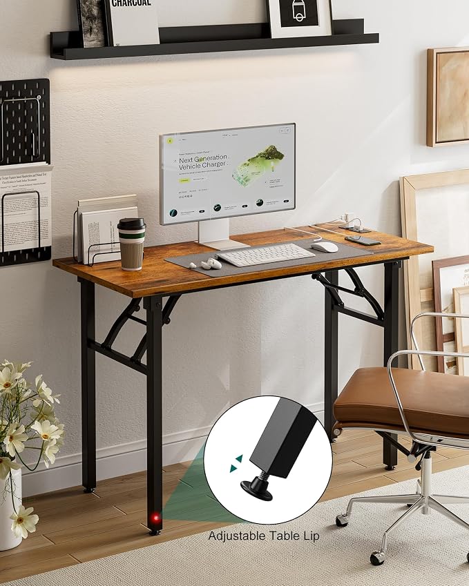 Frylr Small Folding Computer Desk β 43.3 Inch Portable Table for Craft and Study, Lightweight Desk for Small Spaces, Foldable Laptop Table Built-in AC/USB Outlets for Convenience, Rustic Brown