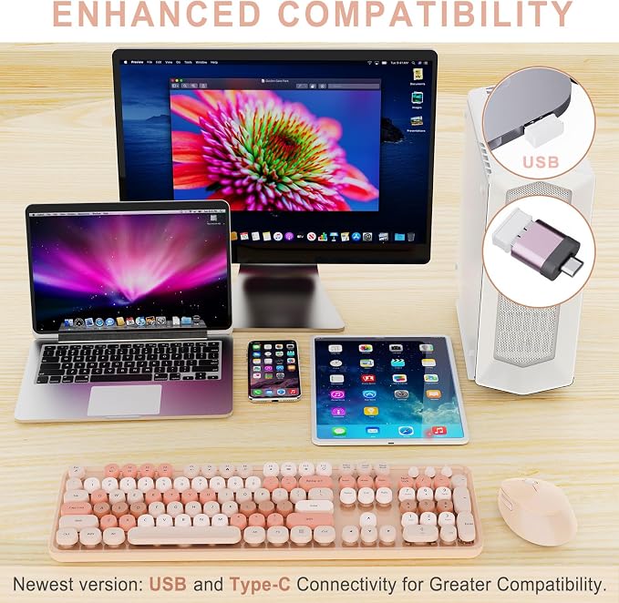 Wireless Keyboard and Mouse, Full-Size Typewriter Keyboard with Retro Round Keycaps, Ergonomic Design, Compatible with Windows PCs, Ideal for Home and Office. (Milk Tea)