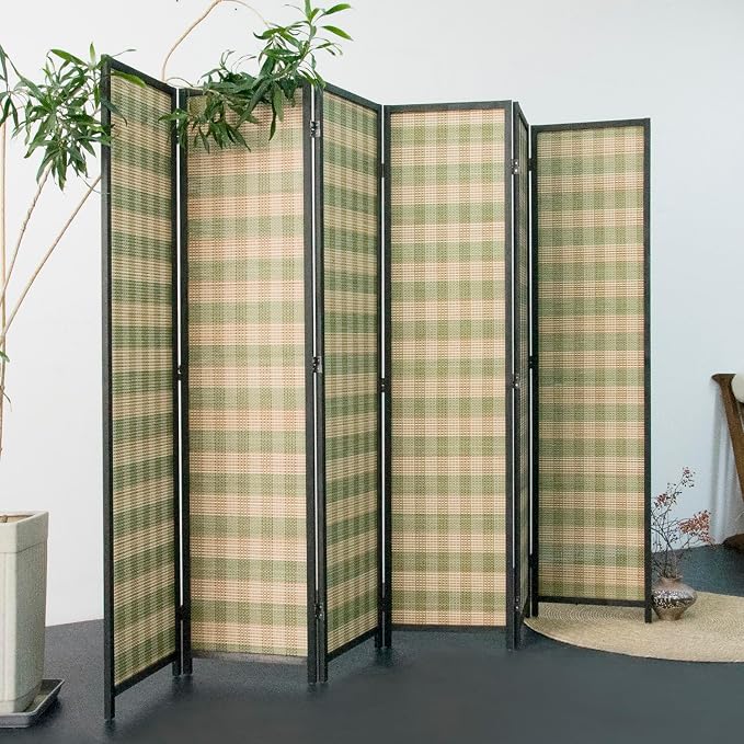 Furnnylane 6 Panel Bamboo Room Divider - 5.6 ft Tall (67" H x 94.5" W), Double-Sided Folding Privacy Screen in Green Woven Stripe, No-Drill Freestanding Partition for Home Office & Bedroom