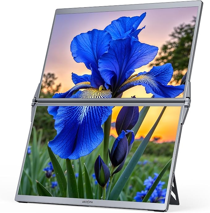 ARZOPA 15.6" Dual Portable Monitor for Laptop, Foldable Stackable FHD 1080P 100% sRGB IPS Extender, USB C & HDMI Connectivity, Adjustable Kickstand, for Mac PC Windows Gaming Office Travel-E1 Gray