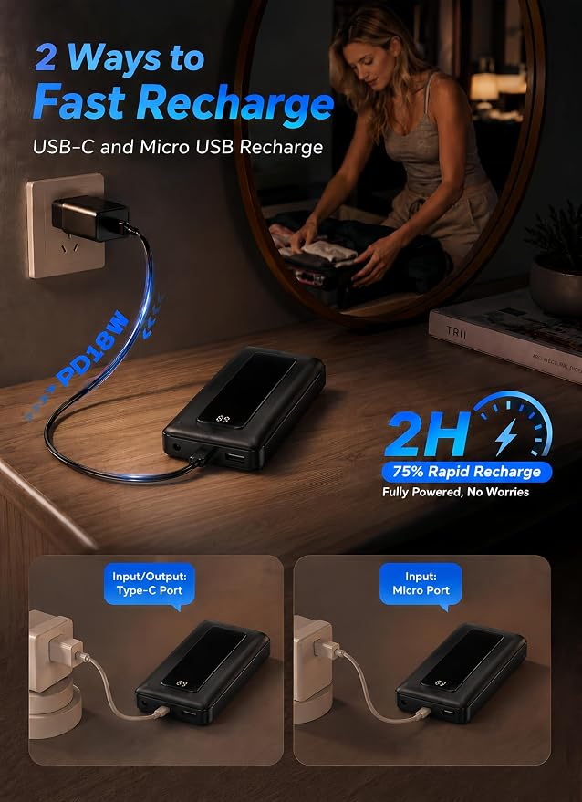 Portable Charger Power Bank 50000mAh, 22.5W PD Fast Charging Battery Pack with Built-in USB-C/iOS Cables, Flashlight, Camping Travel Essential for iPhone 17/16/15, MacBook, Samsung - Ebony