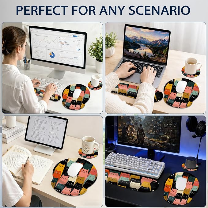 Cute Cat Wrist Rest Mouse Pad and Keyboard Support Set,3 in 1 Ergonomic Memory Foam Mousepad with Non Slip Base, Gaming Mouse Pad for Office and Home