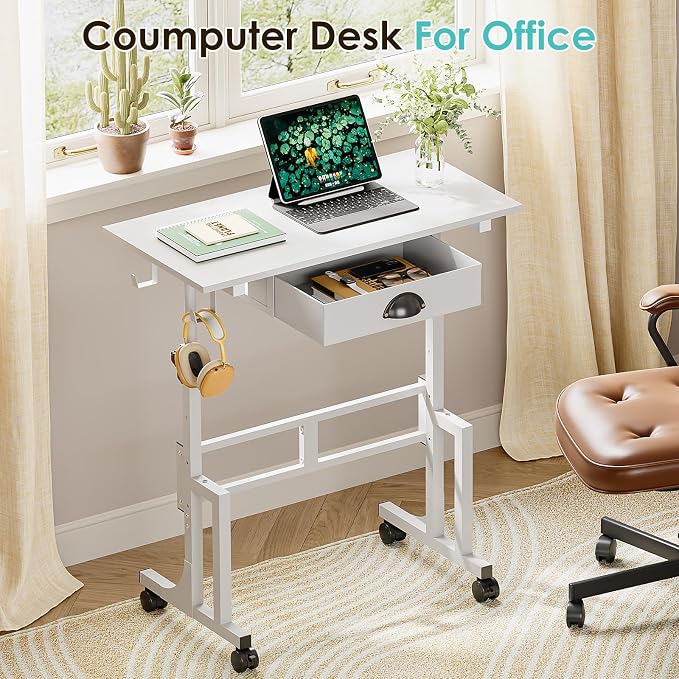 Small White Standing Computer Desk with Drawers,Height Adjustable Home Office Sit Stand Up Desk with 4 Wheels & 2 Hooks,Portable Rolling Work Study Gaming Table for Laptop Tablet Walking Pad Treadmill