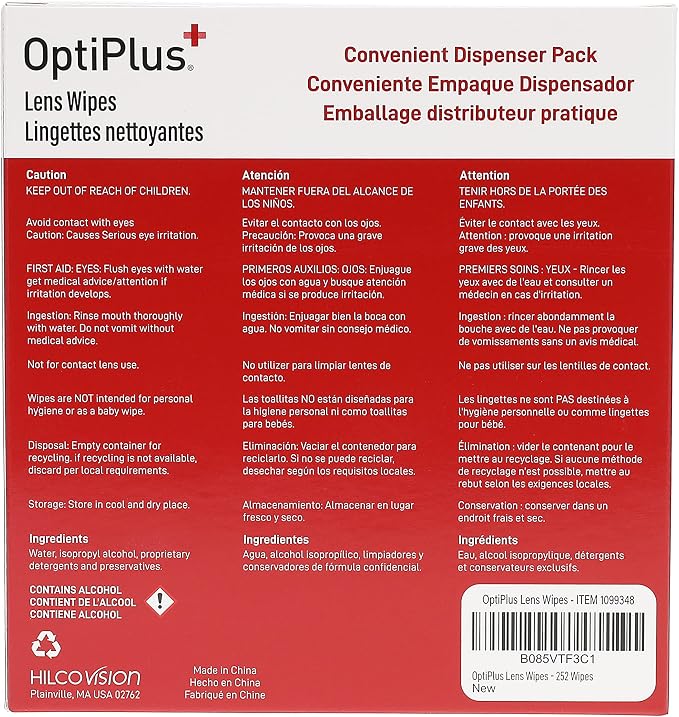 OptiPlus Eyeglass Lens Wipes l Pre-Moistened l Cleaning Wipes for Glasses, Computer & Laptops Screens, Smart Phones, Optical Lens, Goggles, and Watch Screen l Quick-Dry & Scratch-Free | 252 Count