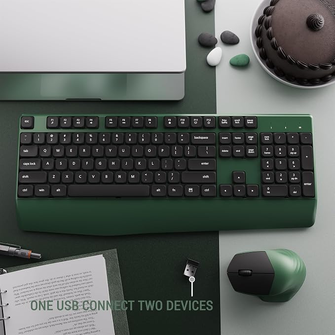 MPTOG Ergonomic Keyboard and Mouse Combo with Wrist Rest, BK Chipset, Full-Size Colorful Office Keyboard and Mouse, Power Button, USB Receiver for PC Laptop(Dark-Green Black)