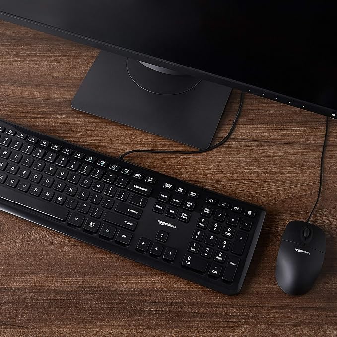 Amazon Basics Wired USB Keyboard and Mouse Combo, Full-Sized Keyboard with QWERTY Layout, Optical Tracking Mouse, Black