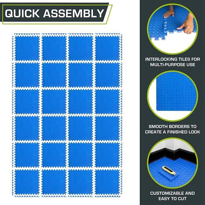 ProsourceFit Exercise Puzzle Mat ½-inch, EVA Interlocking Foam Floor Tiles for Home Gym, Workout Equipment, Kids Play Areas, Blue, 96 SQ FT - 24 Tiles