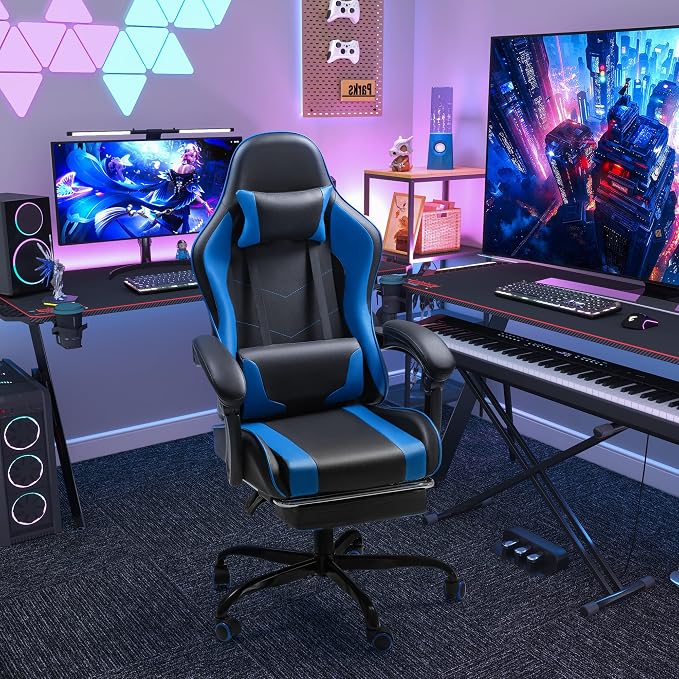 Homall Gaming Chair, Video Game Chair with Footrest and Massage Lumbar Support, Ergonomic Computer Chair Height Adjustable with Swivel Seat and Headrest (Blue)