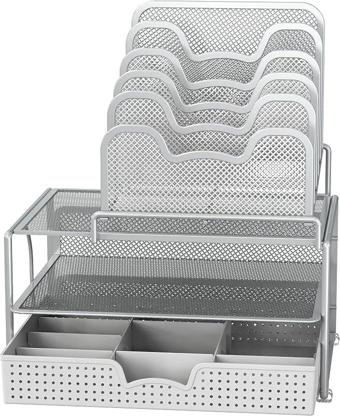 Simple Houseware Mesh Desk Organizer with Sliding Drawer, Double Tray and 5 Stacking Sorter Sections, Silver