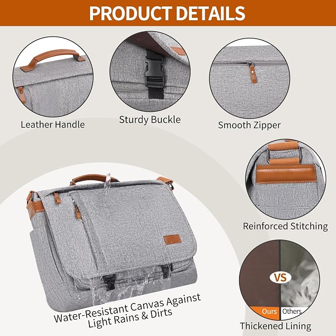 ESTARER Messenger Bag 17-17.3 Inch, Men's Computer Bag Water-resistant Canvas, Laptop Shoulder Bag for Travel Work College, Light Grey