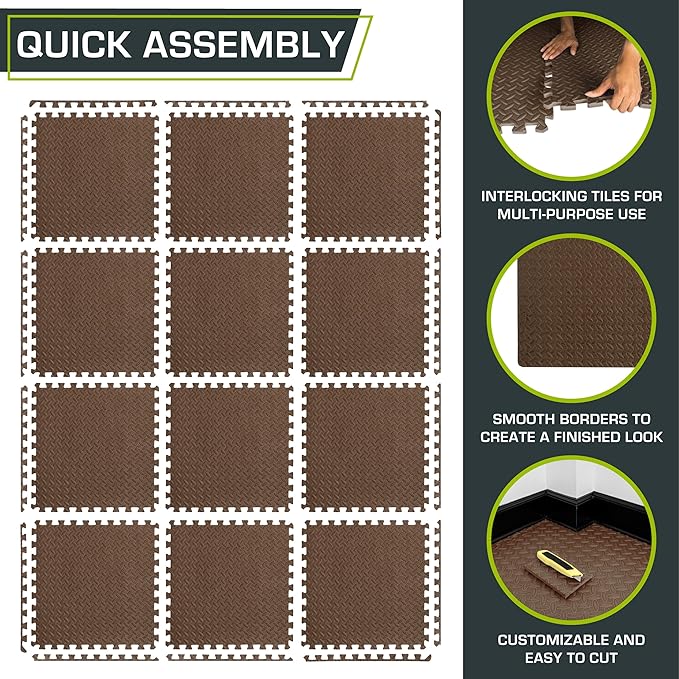 ProsourceFit Exercise Puzzle Mat ½-inch, EVA Interlocking Foam Floor Tiles for Home Gym, Workout Equipment, Kids Play Areas, Brown, 48 Sq Ft - 12 Tiles