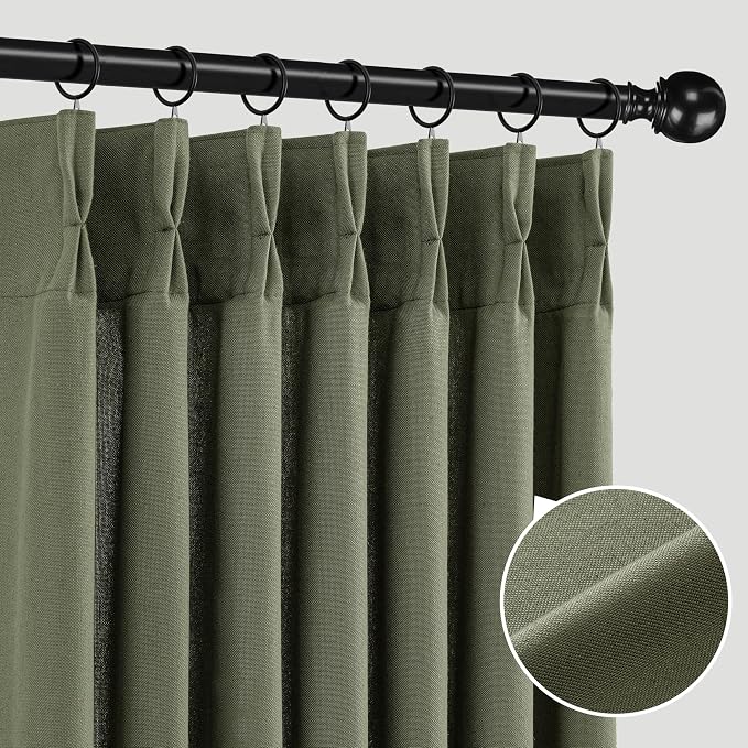 Memory Trained Pinch Pleated Curtains 92 Inches Long, Linen Pinch Pleat Sheer Curtains with Ring Hooks&Clips for Track System Living Room, Oliver Green Light Filtering Privacy Curtain 2 Panel Set