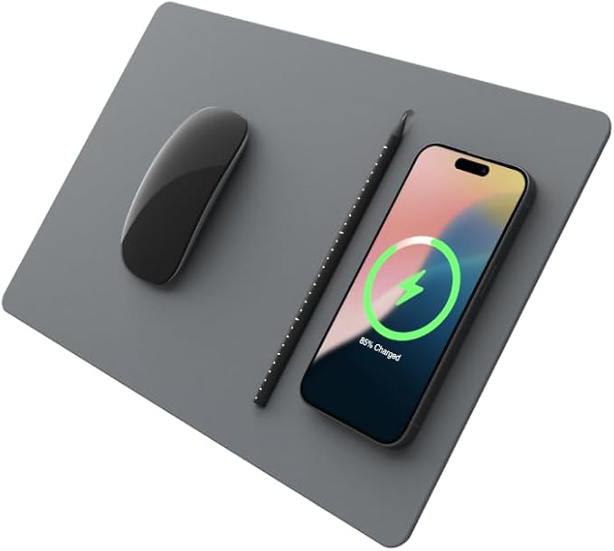 POUT H3 PRO Wireless Charging Mouse Pad – Qi-Enabled Fast Charger with Anti-Slip Base & Smooth Surface for Phones and Earbuds – Sleek Desk Accessory for Home & Office (Dust Gray)
