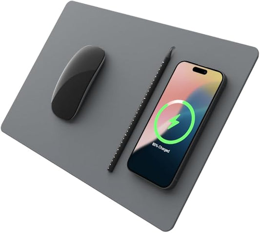 POUT H3 PRO Wireless Charging Mouse Pad – Qi-Enabled Fast Charger with Anti-Slip Base & Smooth Surface for Phones and Earbuds – Sleek Desk Accessory for Home & Office (Dust Gray)